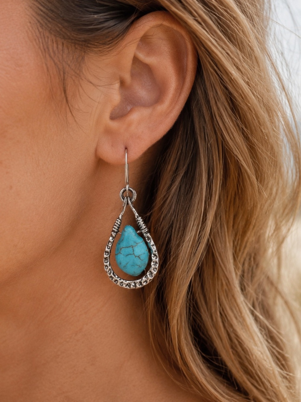 Turquoise Blue Stone Teardrop Dangle Earrings Silver Tone Boho Western